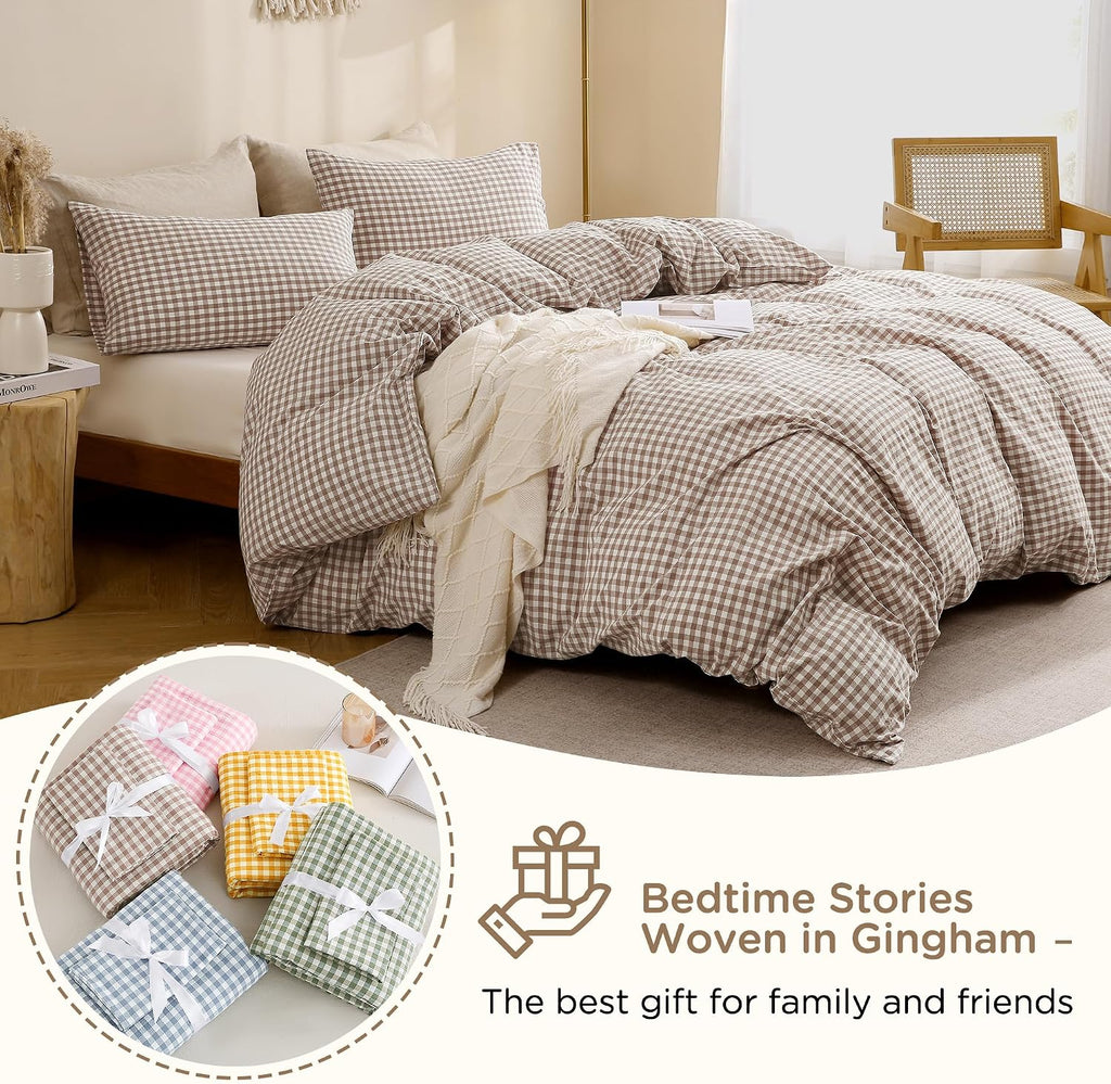 Tan Gingham Duvet Cover Bedding Set 100% Washed Cotton Like Linen Feel Super Soft Comfy 3 Piece Brown Vintage Plaid