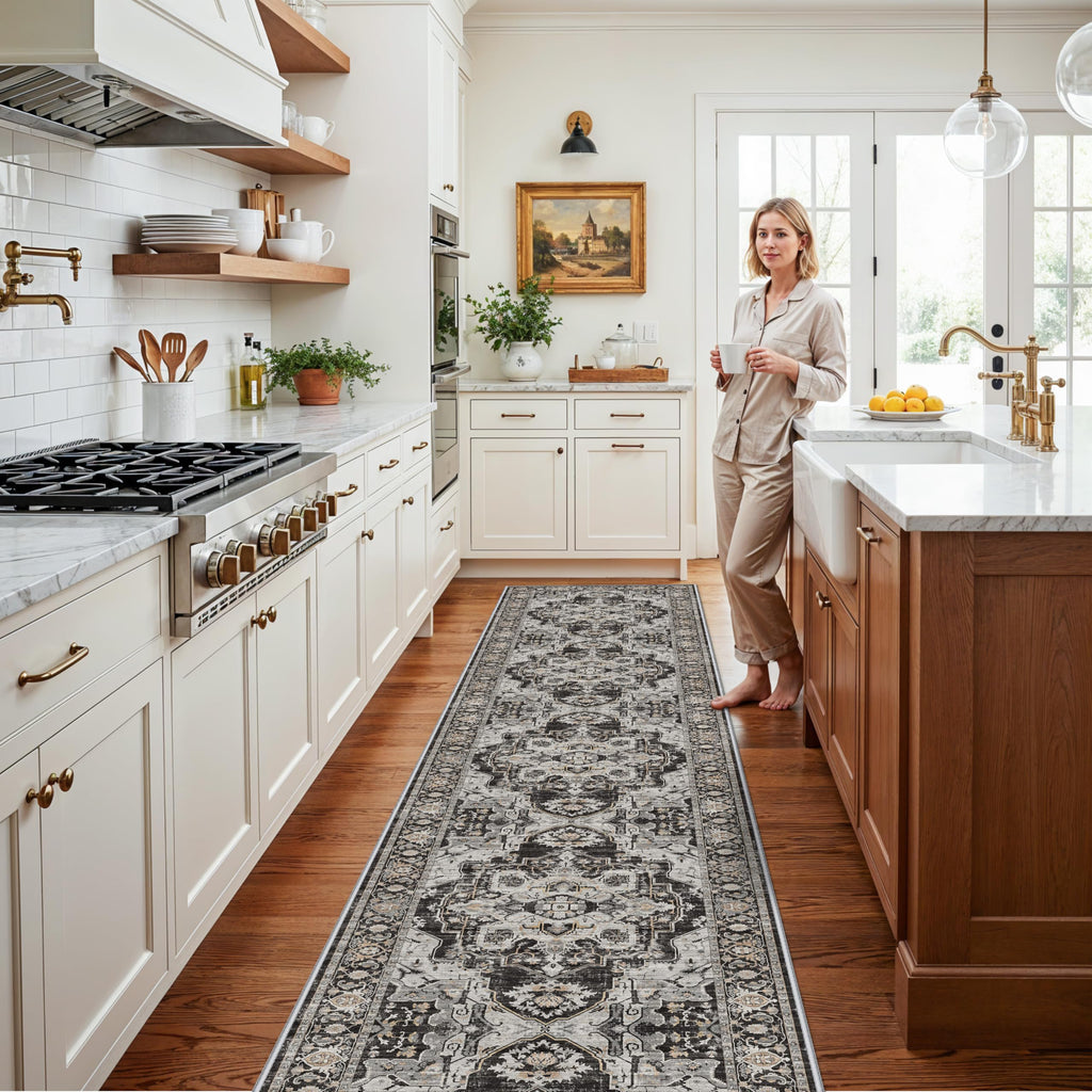 Hallway Washable 2x12 Runner Rug: Indoor Soft Kitchen Rugs Vintage Distressed Non-Slip Backing Thin Carpet Stain