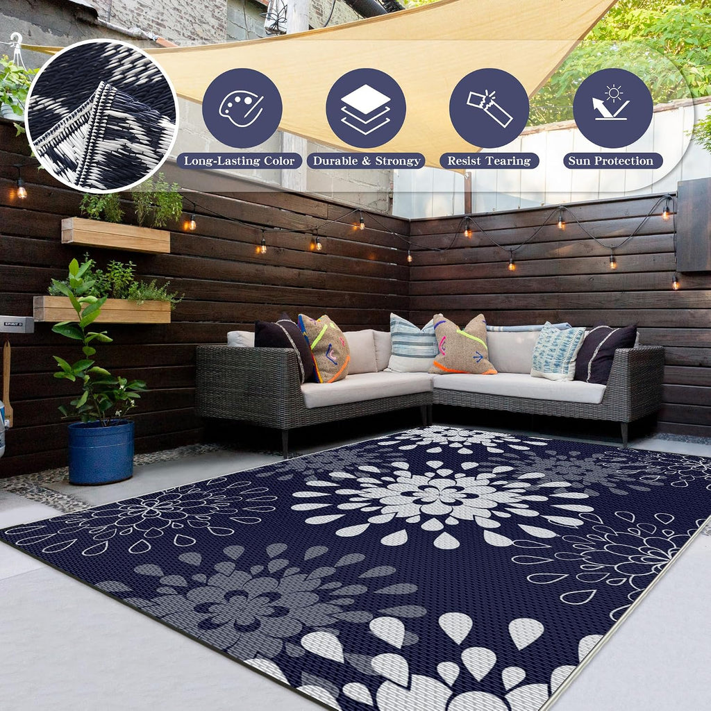 Outdoor Rug, Flower Blue & White