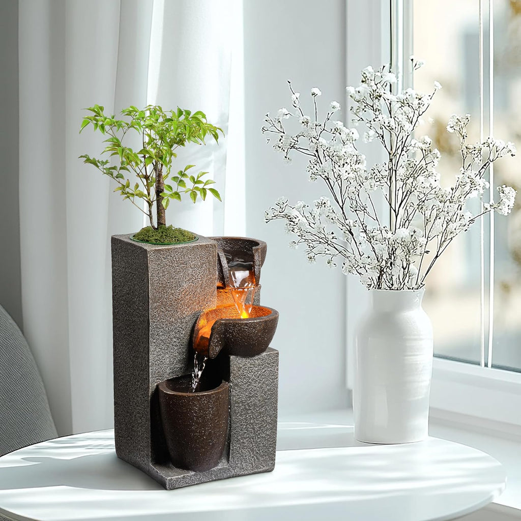 Resin Tabletop Waterfall Fountain with LED Light & Plant Pot, Indoor Desk Water Fountains Decor (22028N)