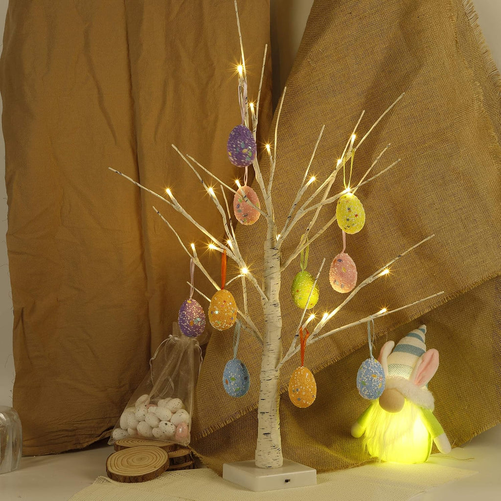 Easter Decorations 24 Inch Pre-lit White Birch Tree with 10 Hanging Easter Egg Ornaments, 24 Led Lights Battery