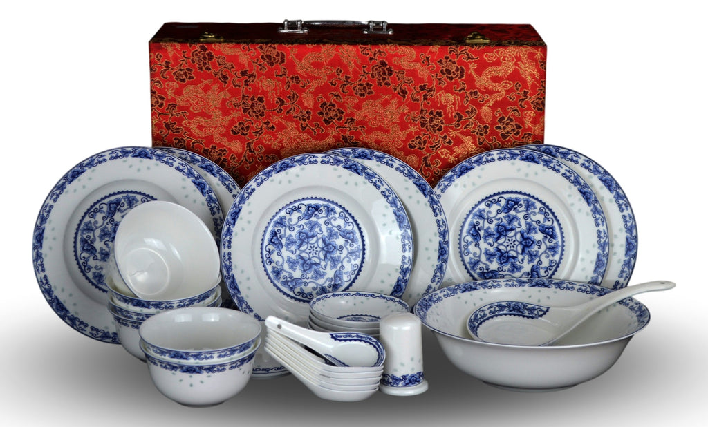 28-Piece Blue Lotus Bone China Dinnerware Set, Service for 6