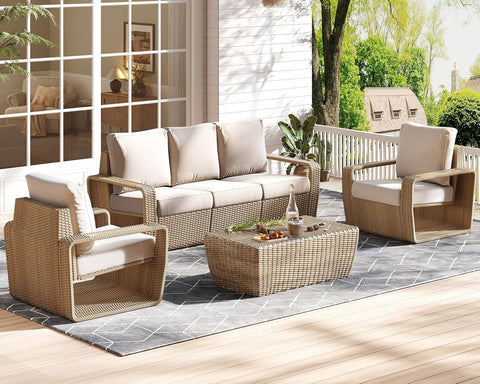 Jocisland 3-Piece Outdoor Patio Furniture Set, 82" Rattan Sofa & 2 Wicker Chairs with Under-Seat Storage