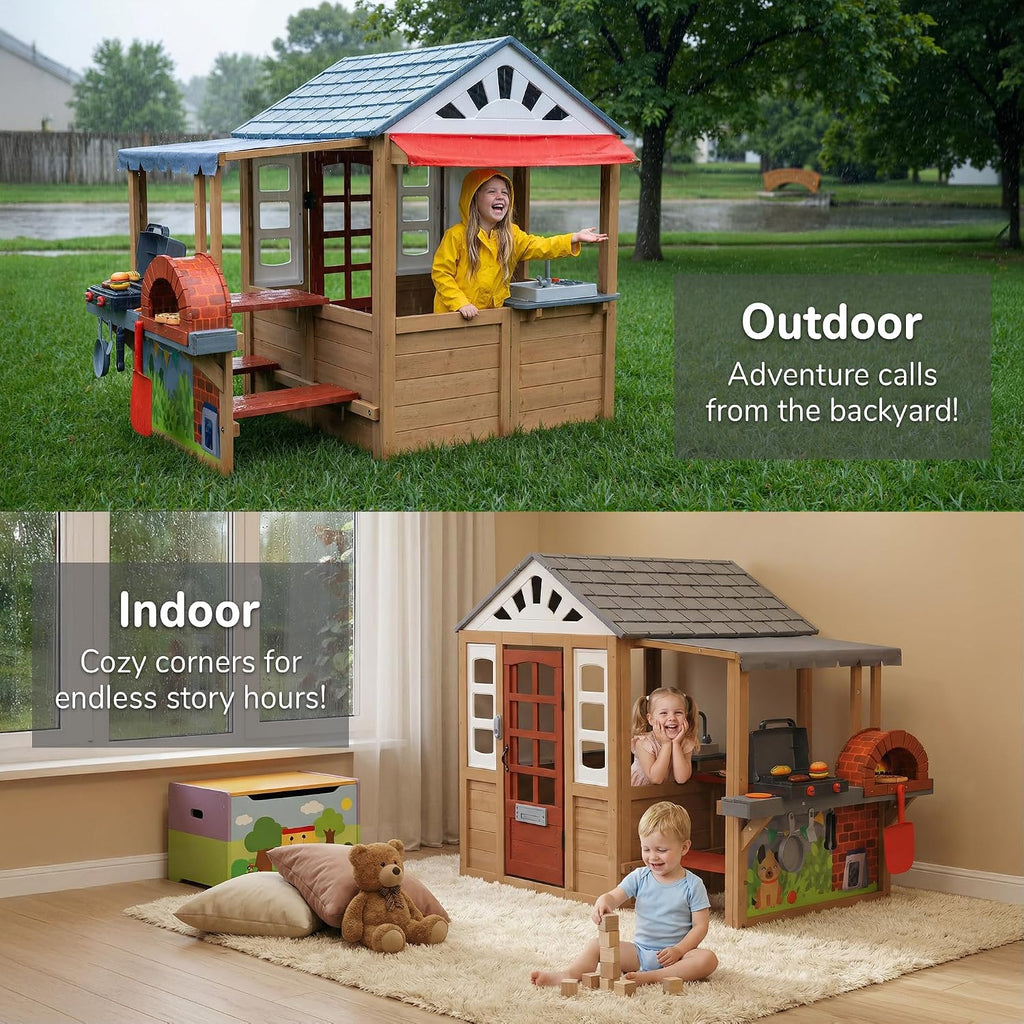 Kids Outdoor Wooden Playhouse, Cedar Wooden Play House for Ages 3-8 Kids with BBQ Grill, Kitchen Set, Picnic Table