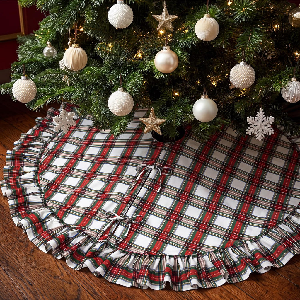 Red, Green, White Plaid Ruffled Christmas Tree Skirt, 60 Inch
