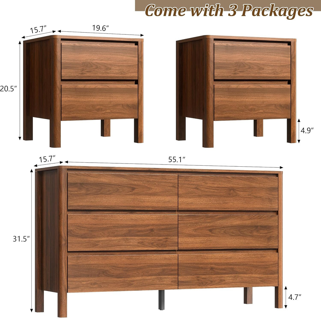 Walnut Mid-Century Modern 3 Piece Bedroom Furniture Set, 6 Drawer Dresser with Handleless Wood Grain Design and