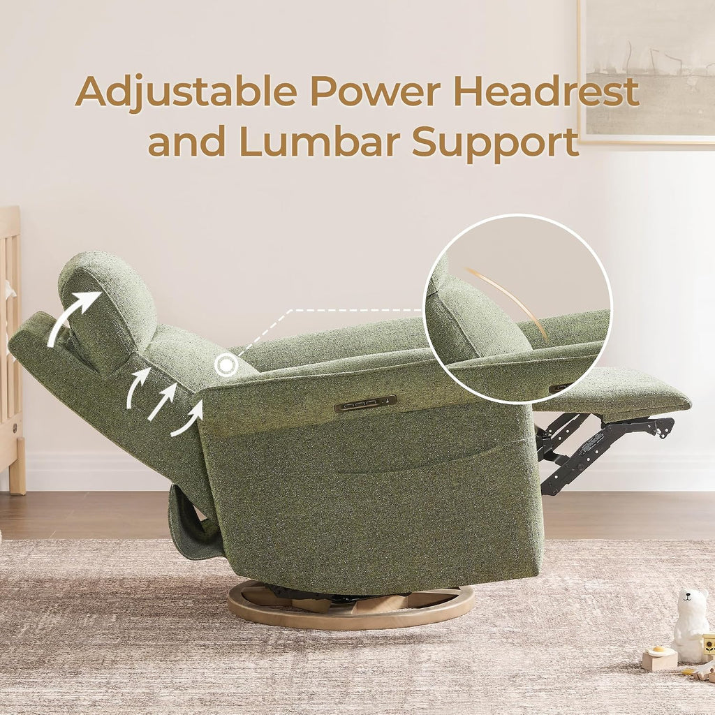 Power Swivel Glider Nursery Recliner Chair, Triple Motor, Green | Electric Nursery Rocking Chair with Adjustable