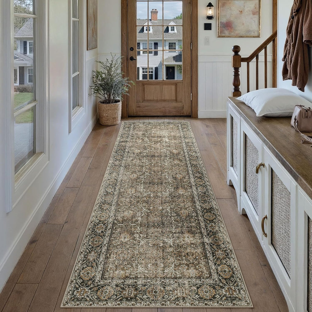Brown Runner Rug 2x14 Vintage Area Carpet Hallway Long Indoor Kitchen Washable Living Room Low Pile 