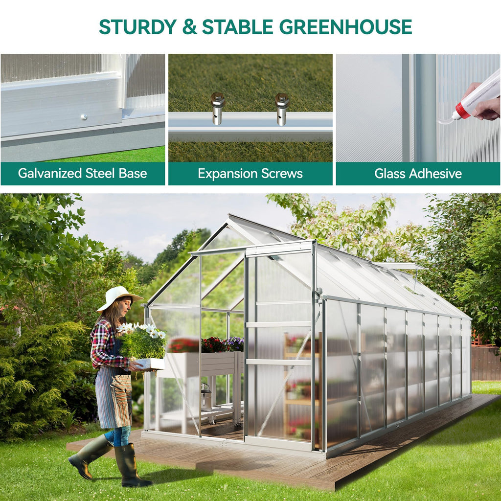 16x6FT Polycarbonate Greenhouse for Outdoors, Large Heavy Duty Aluminum Greenhouses with Sliding Doors and Vent