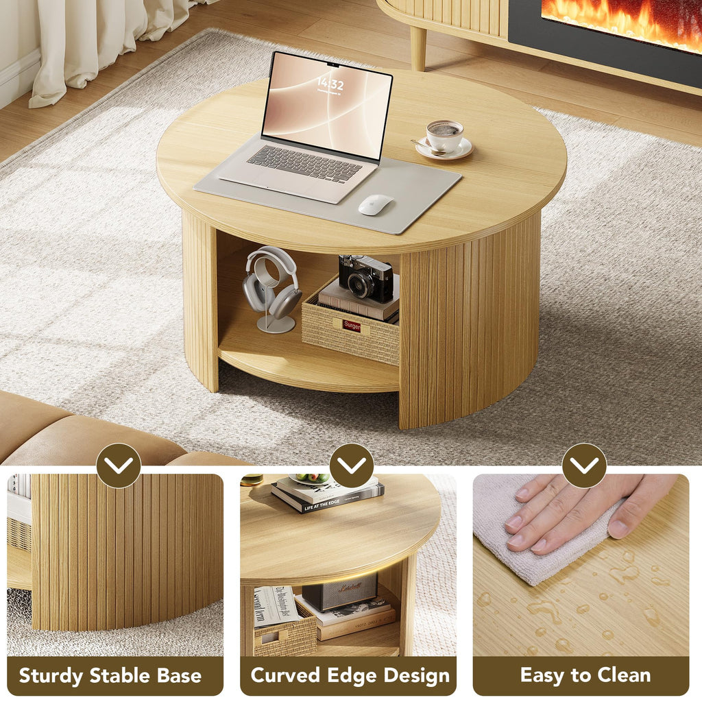 Round Coffee Table with Storage, 31.5" Modern Fluted Center Table, 2-Tier Mid Century Coffee Table, Wood Circle Table