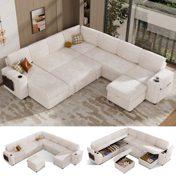 130" Modular Sectional Sleeper Sofa with Pull Out Bed, 9 Seat Corduroy L Shaped Couch with Ottoman and Chaise|USB