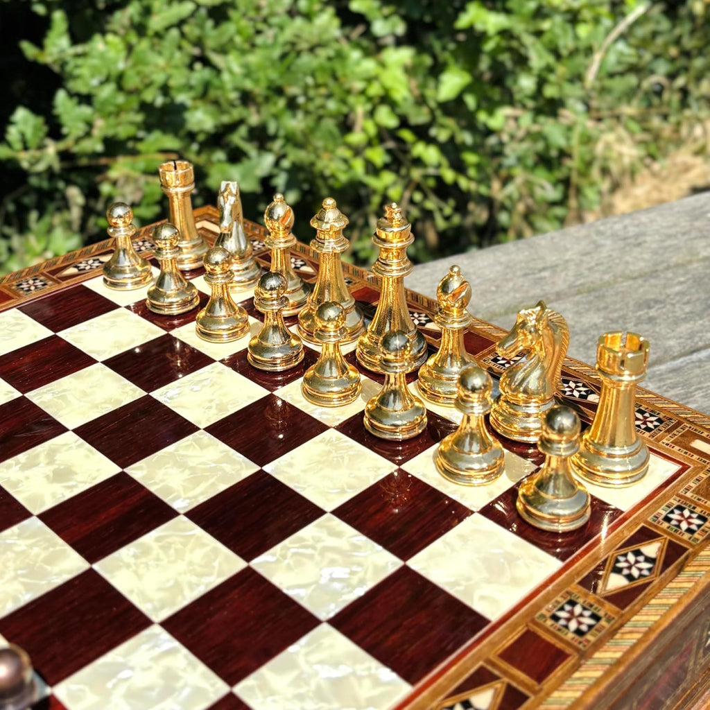 Handmade Luxury Chess Set - Metal Chess Pieces with Wooden Storage Board - Premium Classic Chess Game for Adults - Set of 34