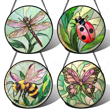 Stained Glass Window Hanging 4 Pcs Set Pink Green Insect Theme Large 11.8" - Butterfly Suncatcher Door Garden Decor