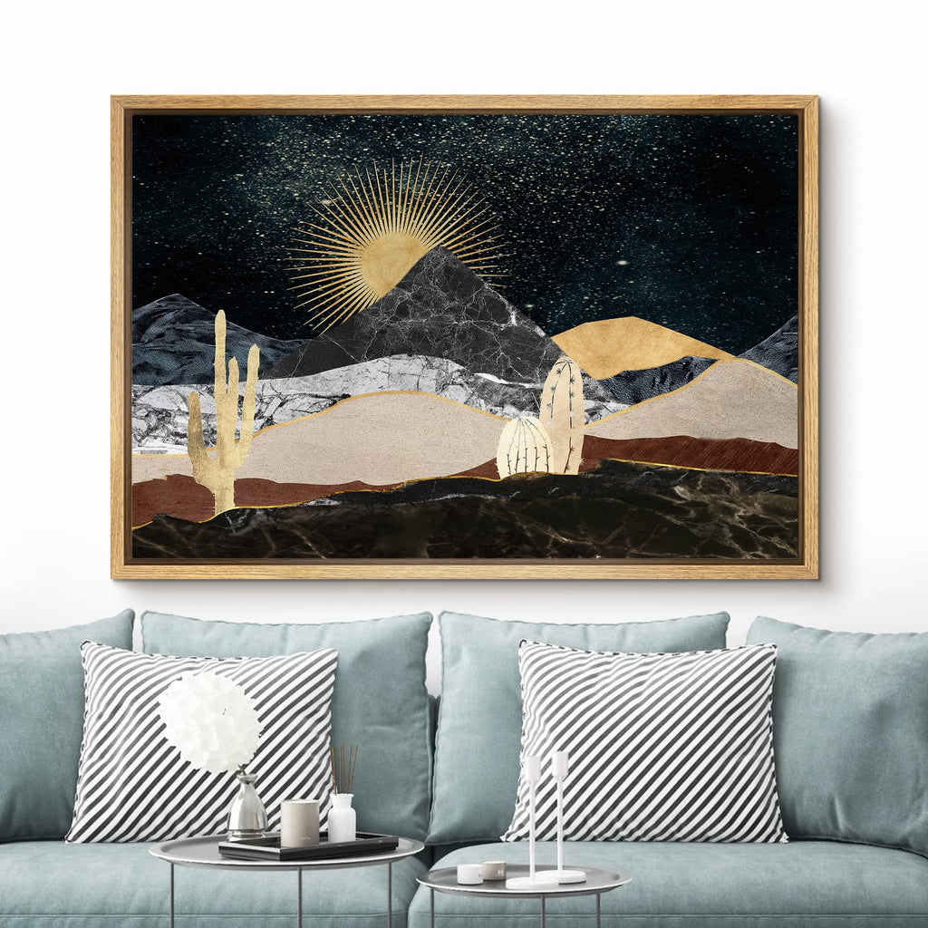 Framed Canvas Print Wall Art Set Golden Marble Mountain Sun Range Nature Wilderness Illustrations Modern Art