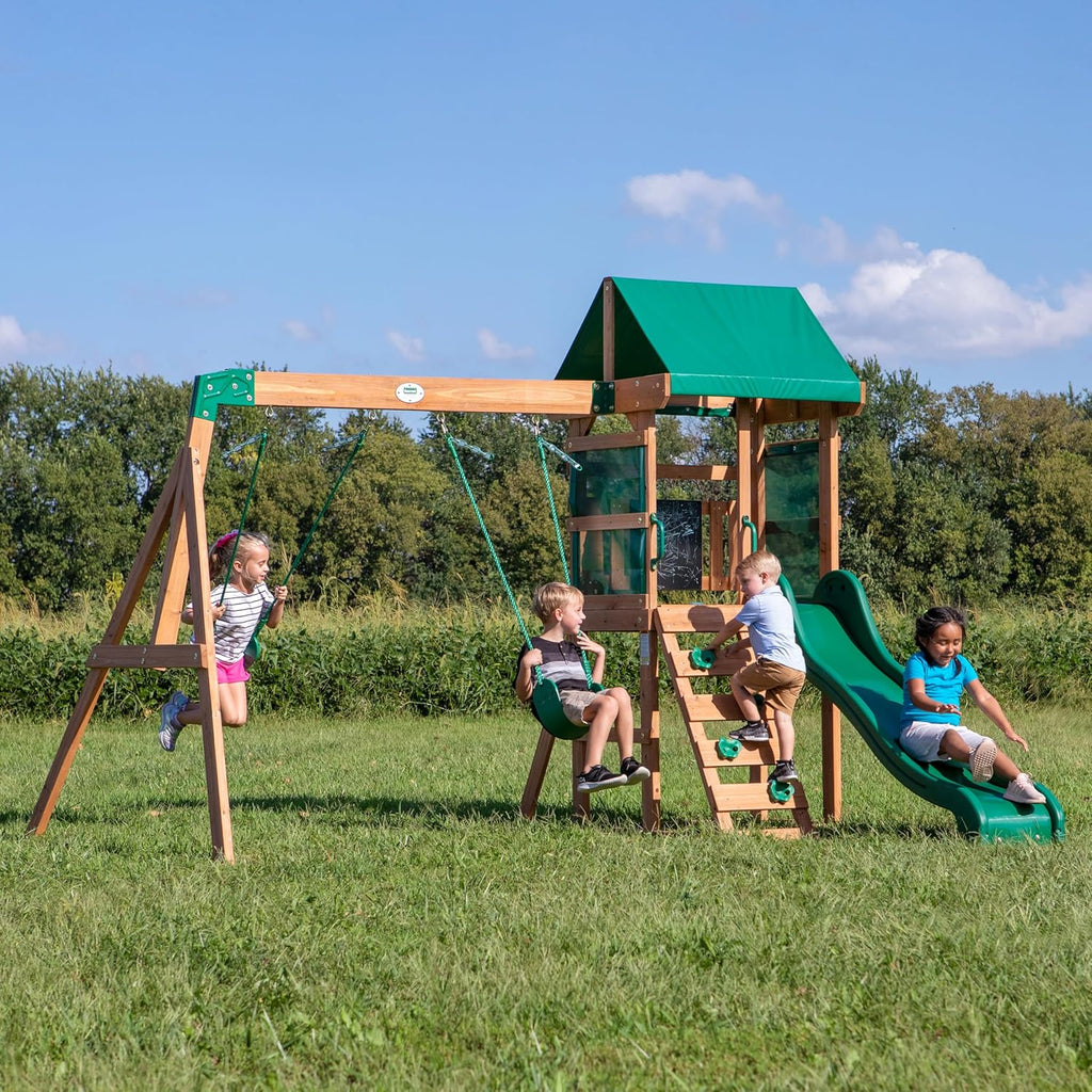 Buckley Hill Cedar Wood Swing Set with Wave Slide, Play Deck, Rock Wall Ladder, Belt Swings, Chalkboard, Canopy Roof