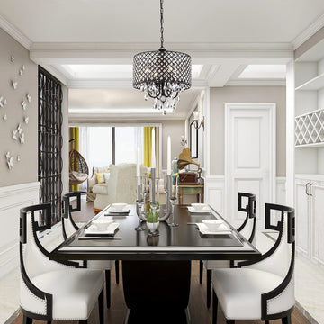 Marya Drum Crystal Chandelier, 4 Lights Glam Lighting Fixture with Black Finish, Adjustable Ceiling Light with Round