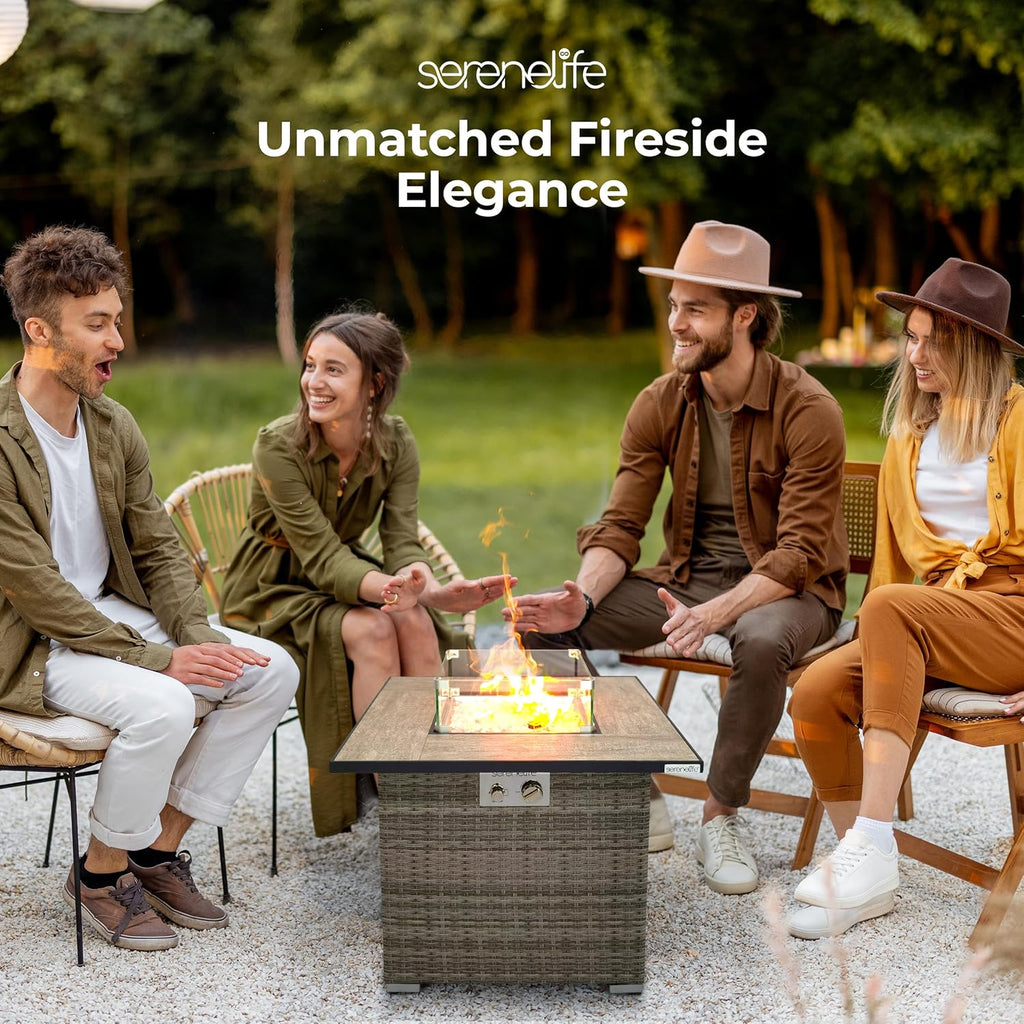 Outdoor Propane Fire Pit Table - CSA/ETL Certified Safe 50,000 BTU Pulse Ignition Weatherproof Square Wicker Propane