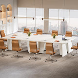 White Executive Desk, 63" Large Office Computer Conference Meeting Table with Wooden Robust Pedestal