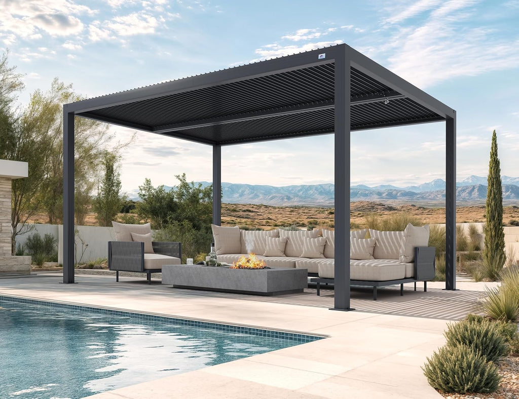 Louvered Pergola 94AS 11' x 15' Aluminum Metal Outdoor Pergola wtih Adjustable Louvered Roof and Integrated Drainage