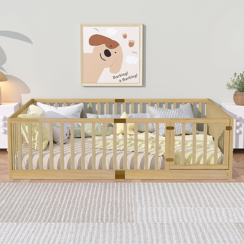Toddler Floor Bed with Door&High Rails, Natural