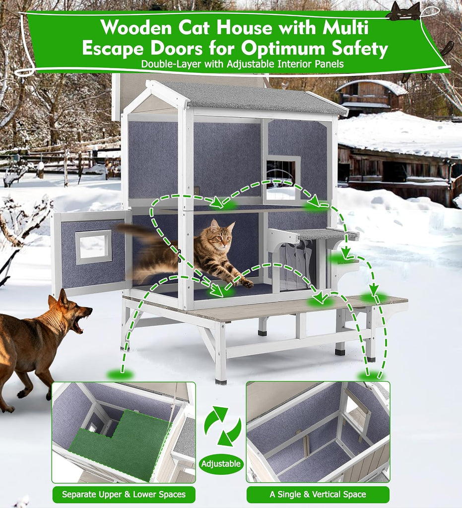 Outdoor Cat House Weatherproof Cats Shelter for Feral Kitten Pet Houses for 1-2 Small Animlas 2 Story Wooden Houses