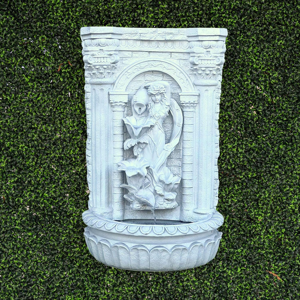 30.3" Solar-Powered Wall Mounted Water Fountain with Maiden & Floral Detail, Tiered Waterfall Design