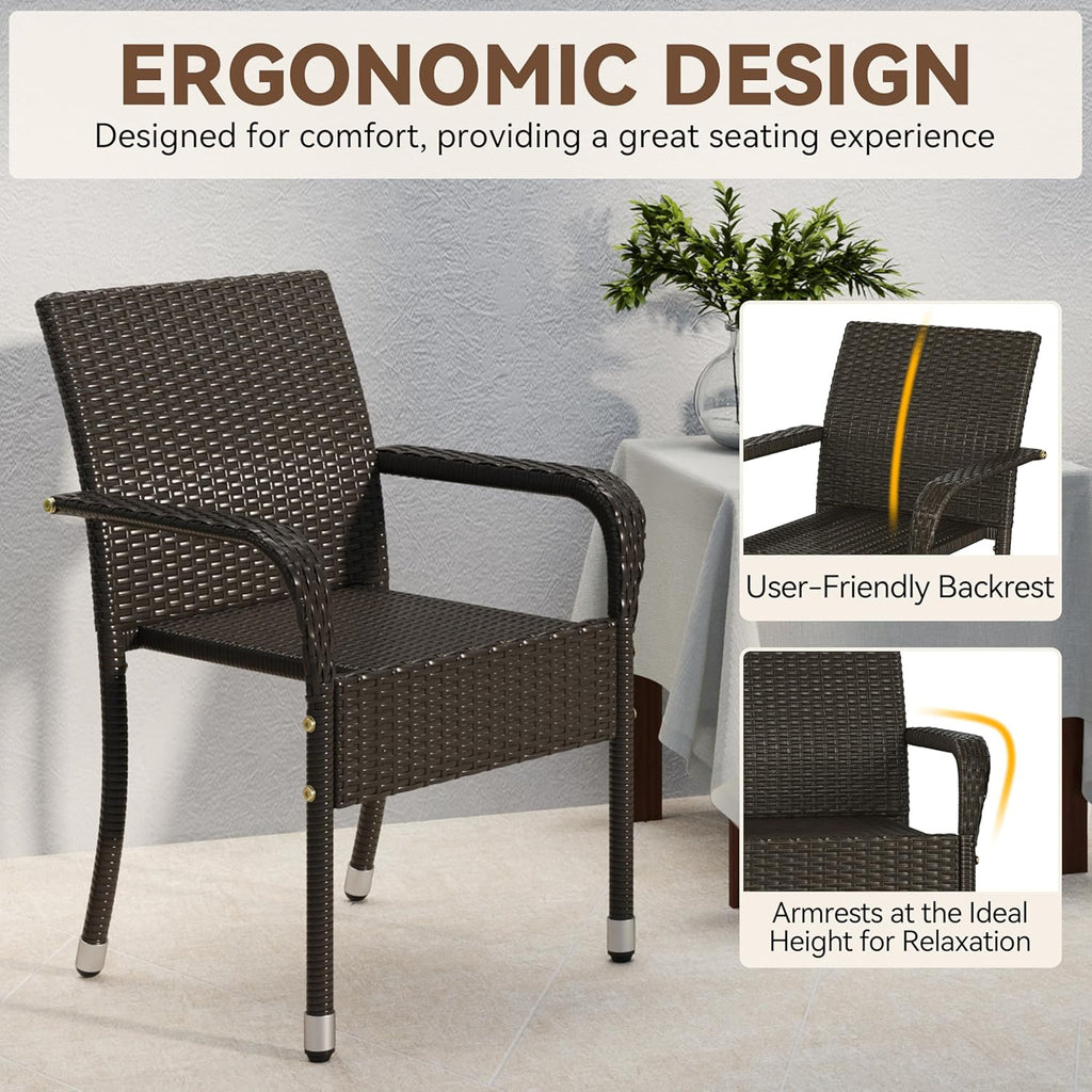 Set of 2 Stackable Outdoor Rattan Dining Chairs, All-Weather Armchair w/Armrests, Steel Frame for Garden, Patio, Deck