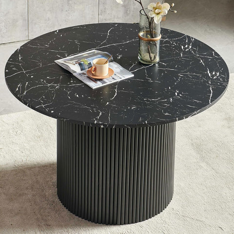 47" Round Dining Table for 4, Modern Farmhouse Marble-Look Foiled Top with MDF Striped Base, Kitchen & Dining Room