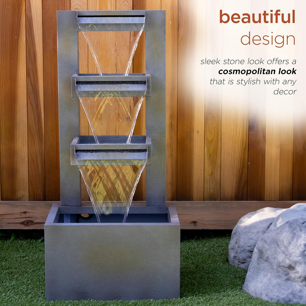 43" Tall Multi-Tier Waterfall Fountain - Industrial Style Water Feature, Relaxing Water Flow, and Serene Landscaping