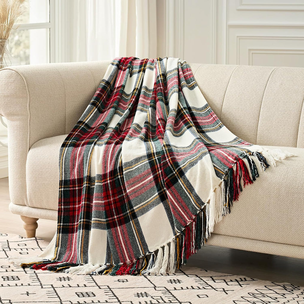 Chenille Christmas Throw Blanket, 50"x60", White Stewart Plaid