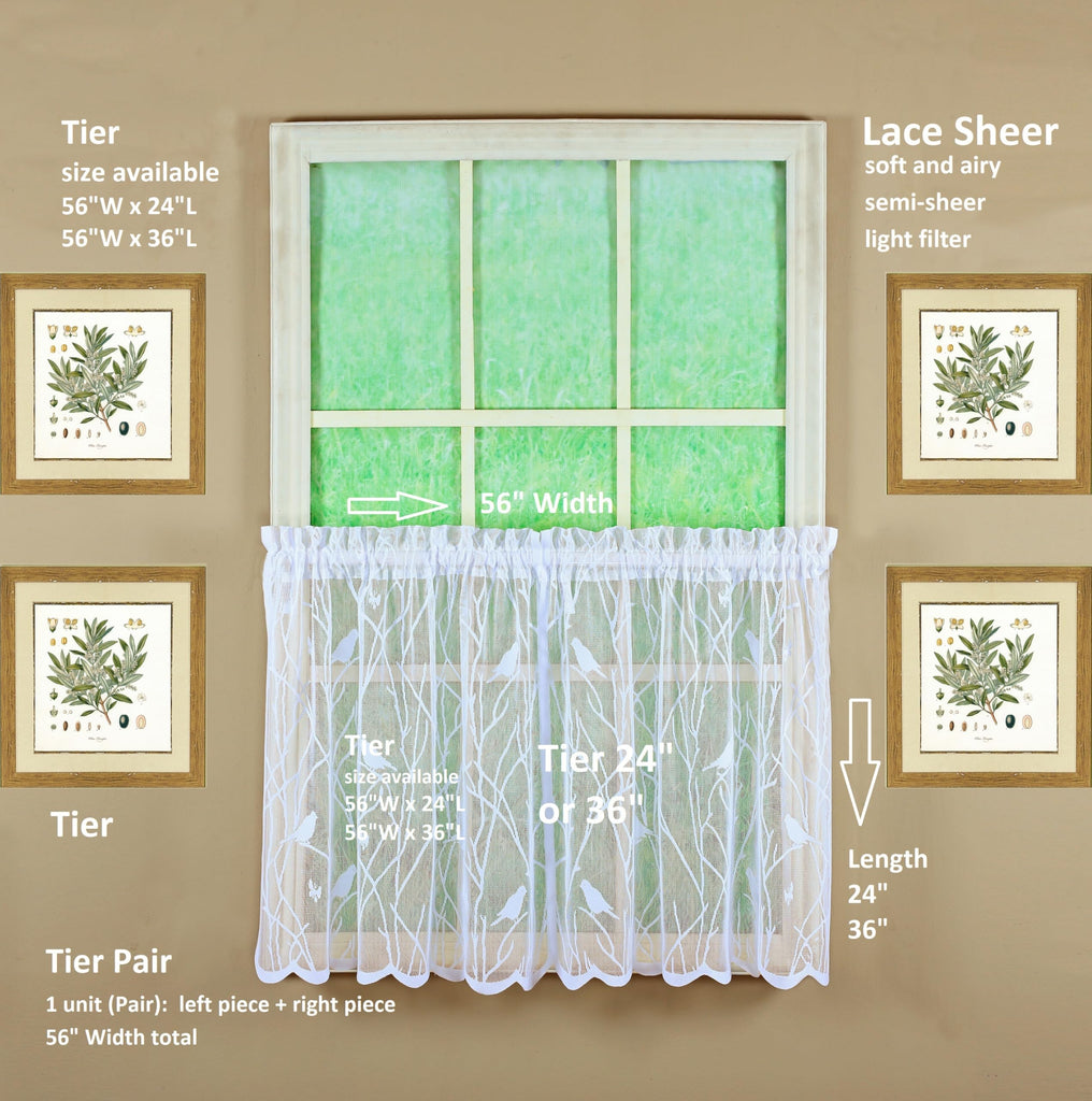 Songbird Semi-Sheer Lace Tier 36", White, 56" W x 36" L