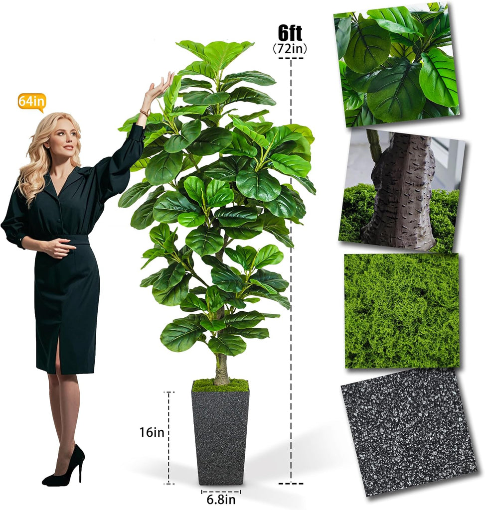 Fiddle Leaf Fig Tree 6ft, 6 Feet Large Tall Fake Plants Indoor with Modern Style Planter, Artificial Silk Tree Living