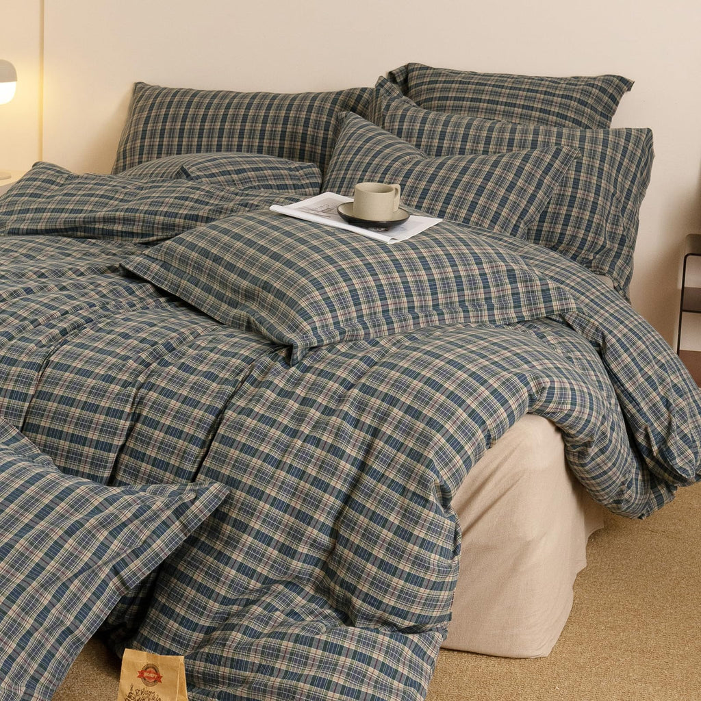 100% Washed Cotton Soft Farmhouse Plaid Duvet Cover, Zipper & Ties