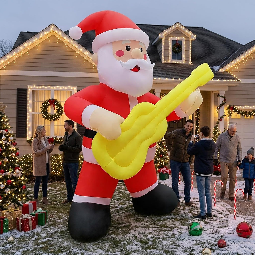 12FT Christmas Inflatables Outdoor Decorations Guitar Santa with LED Lights Christmas Blow Up Yard Decoration for