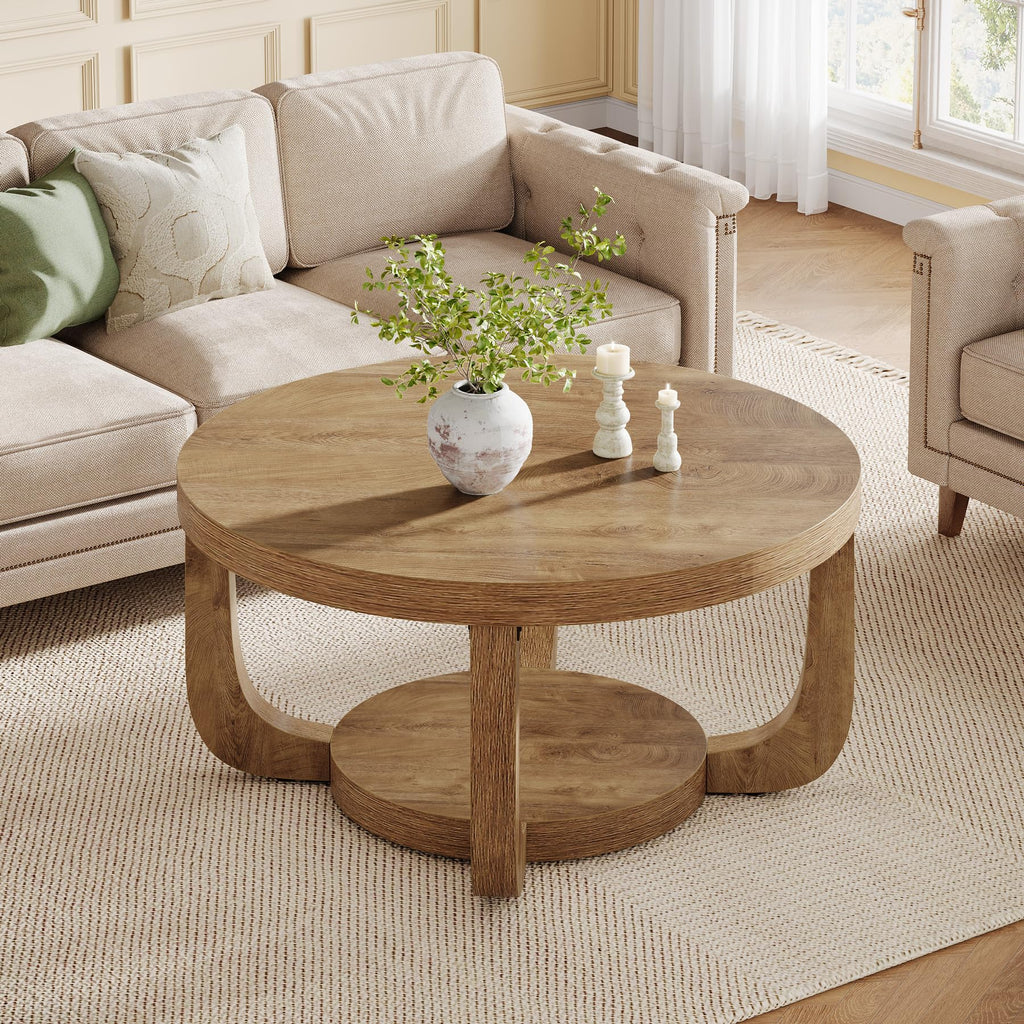 Round Coffee Table, 2-Tier Circle Coffee Table with Storage, Modern Wooden Accent Center Table, Thick Tabletop &