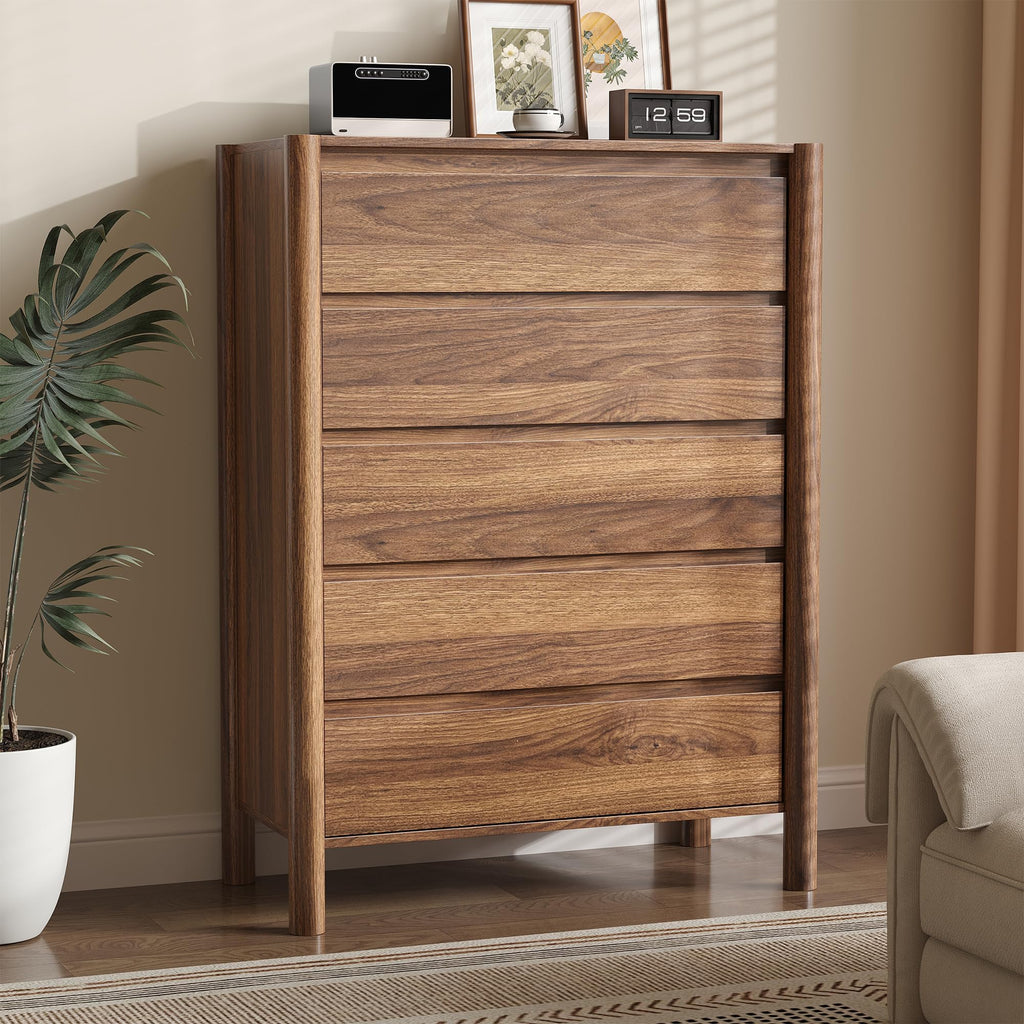45" Tall Walnut 5 Drawer Dresser with Solid Wood Legs