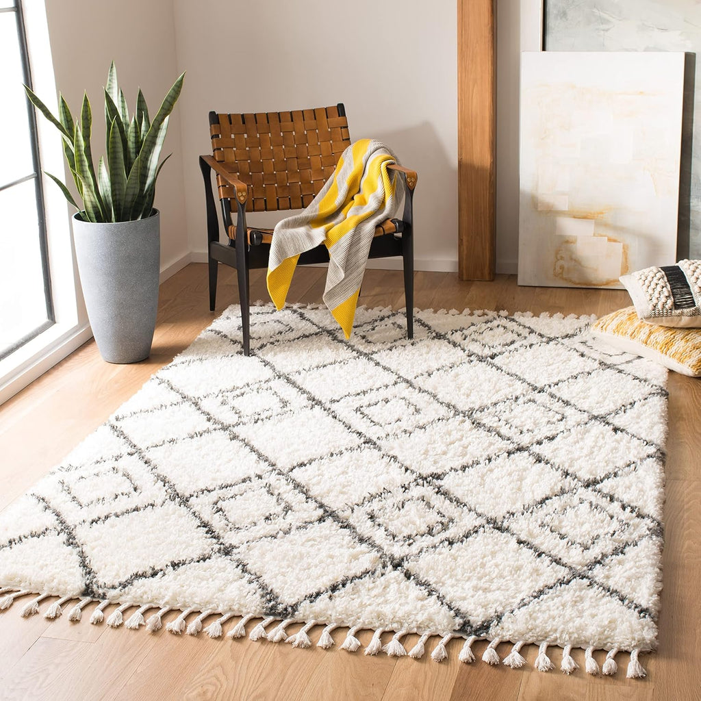 Moroccan Tassel Shag Collection Area Rug - 6'7" Square, Ivory & Light Grey, Boho, Non-Shedding & Easy Care, 1.5-inch