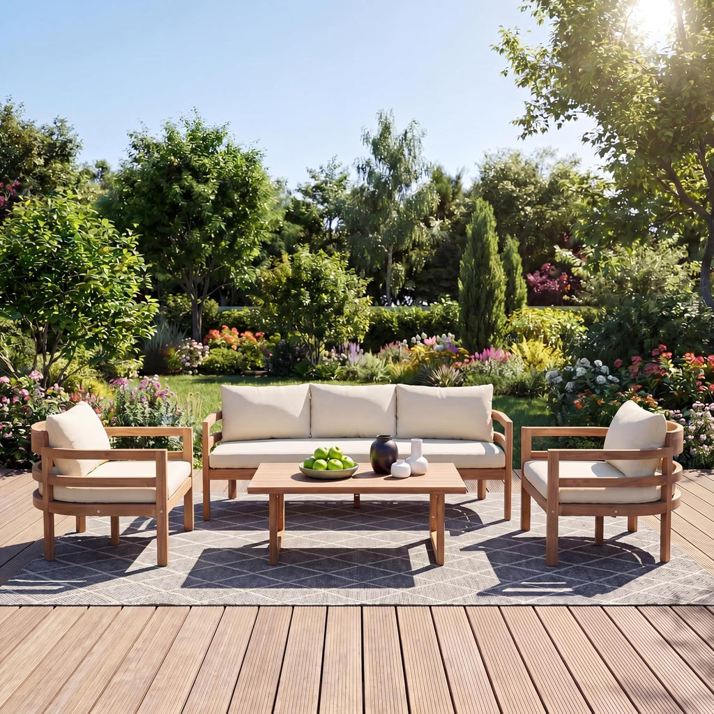 Alger 5-Seater Patio Furniture Set with Removable Cushion, 4 Piece Outdoor Acacia Wood Conversation Set, Wooden