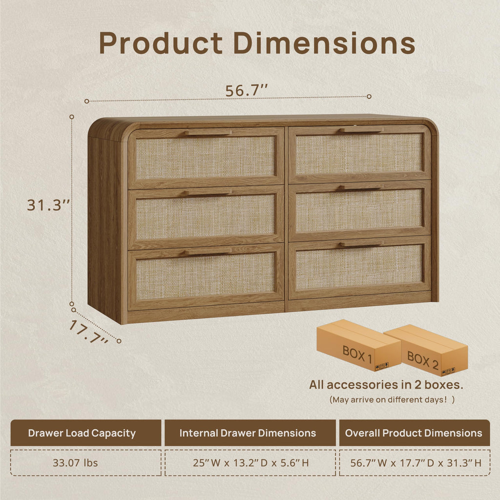 56.7" Curved 6 Drawer Rattan Dresser for Closet, Natural Oak | Wood Chest of Drawers Boho Bedroom Dressers, 1.2"