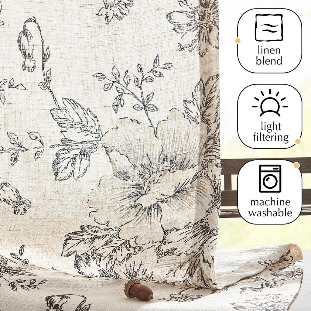 Floral Linen Tier Curtains 36 Inch Farmhouse Botanic Cafe Drapes for Small Windows Rustic Half Window Curtains for