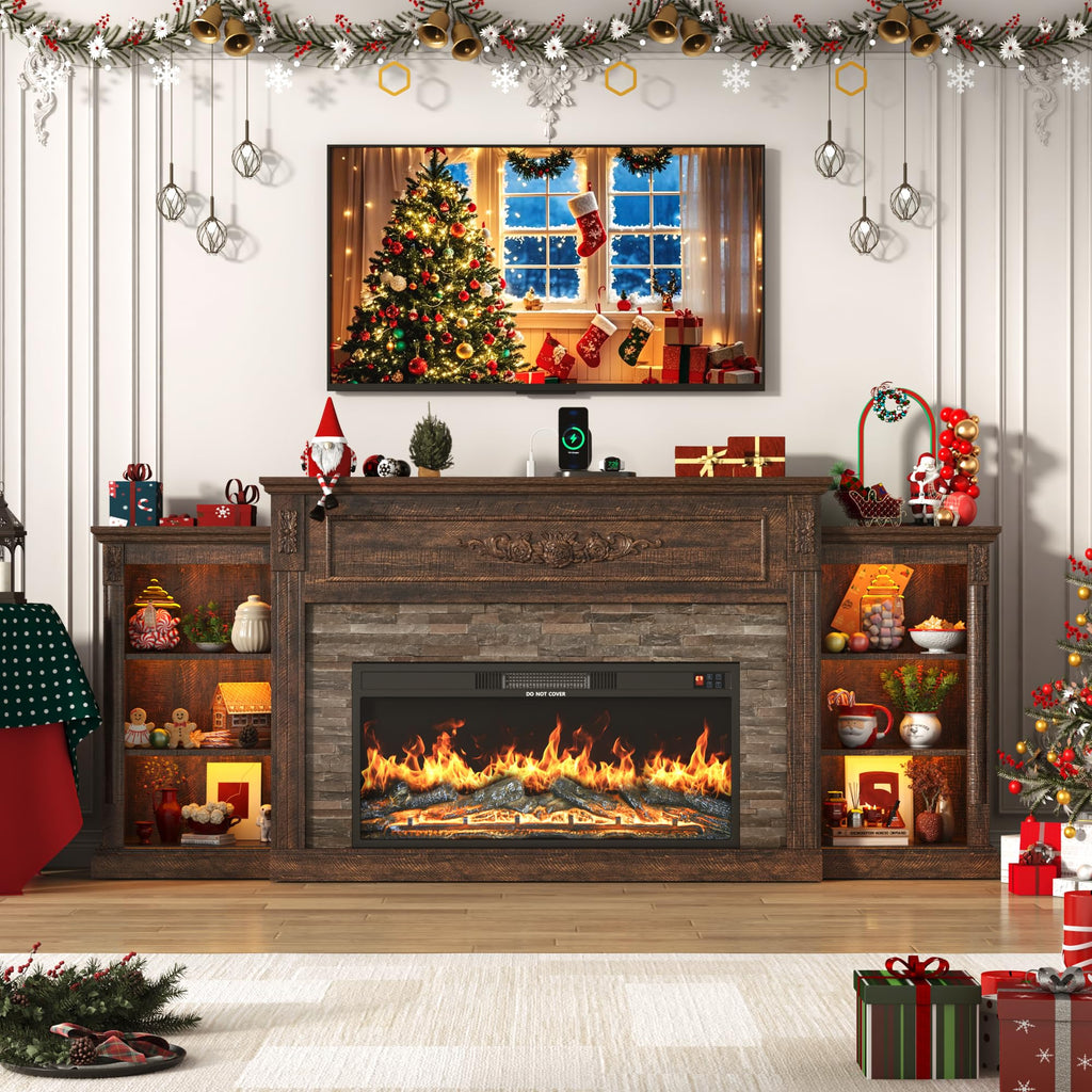 85" Electric Fireplace with Mantel, Rustic Brown