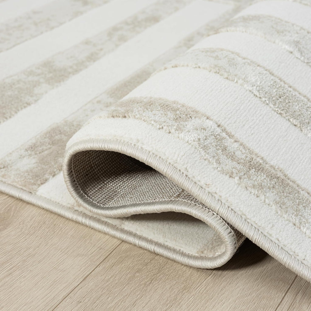 Beige Area Rug - - Living Room & Bedroom - Abstract Stripe Design - Indoor Use - Easy to Clean, Stain