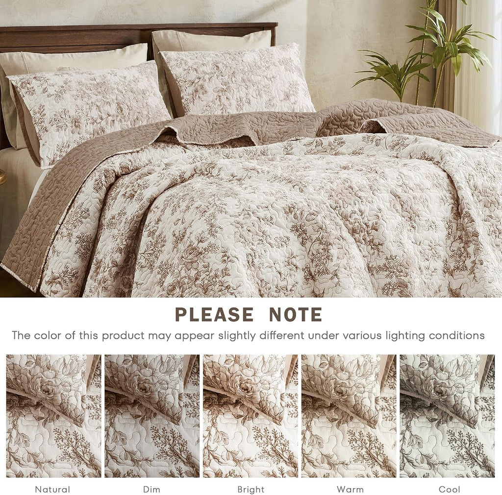 Taupe Floral Quilt Queen, Summer Cooling 3 Piece Cotton Vintage Farmhouse Bedding Set, Machine Washable Lightweight