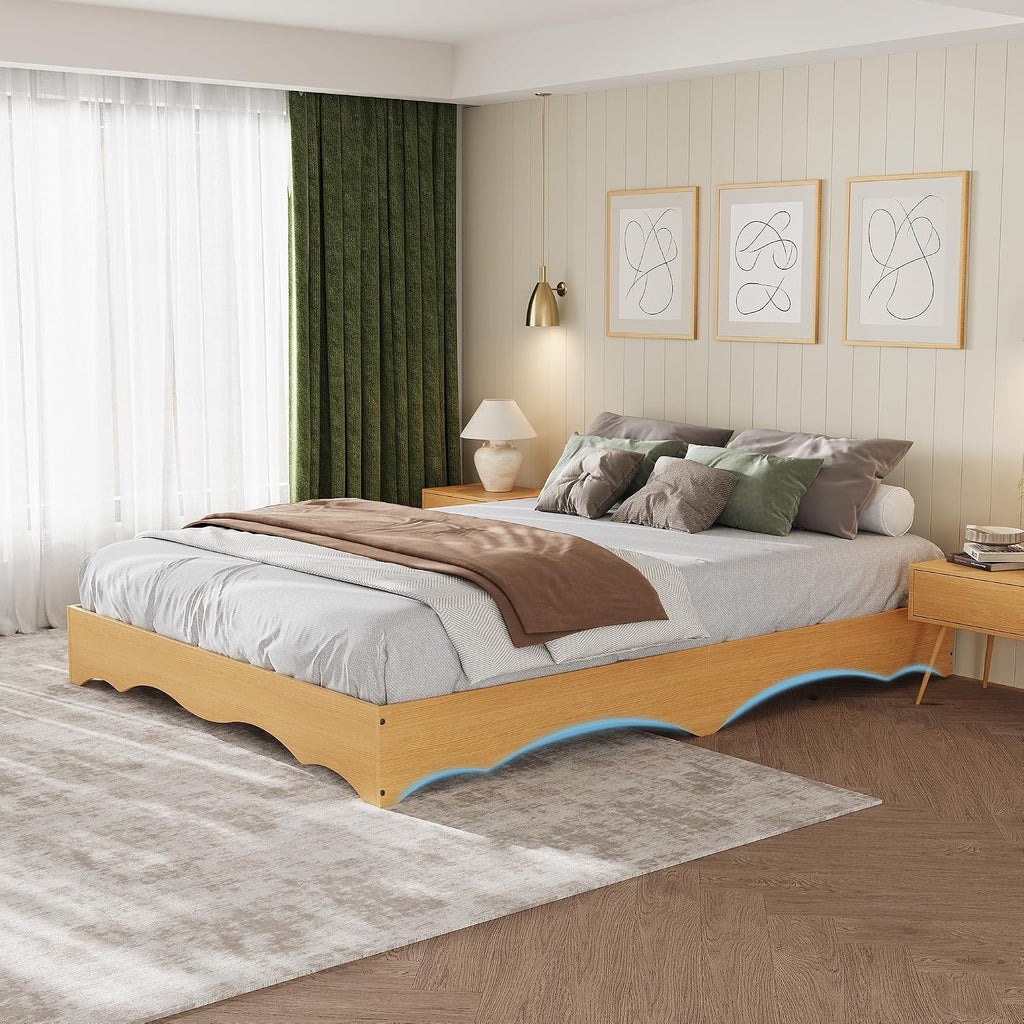 Wood Platform Bed Frame with Wave Edge, Low Profile Bed Frame