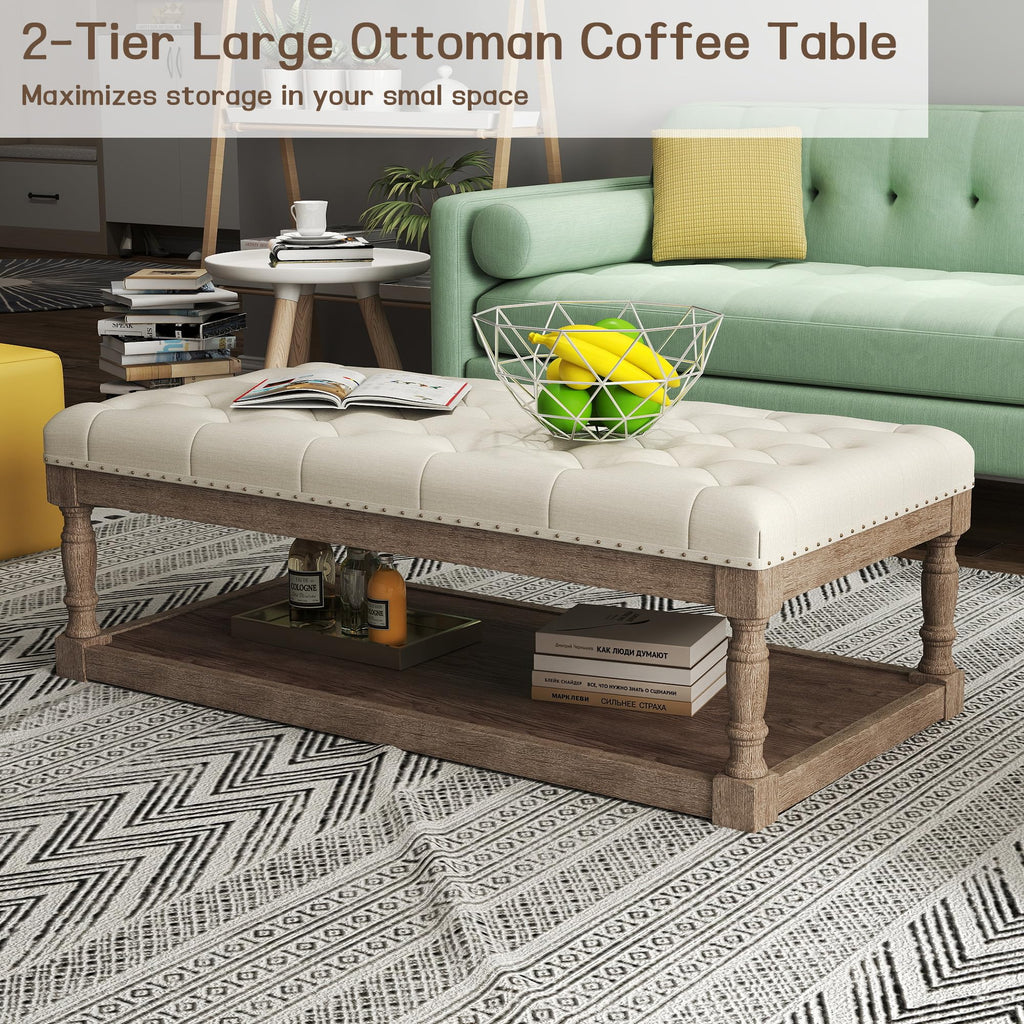 48" Large Ottoman with Storage Coffee Table, Upholstered Tufted Linen Ottoman Bench with Solid Wood Shelf, Holds