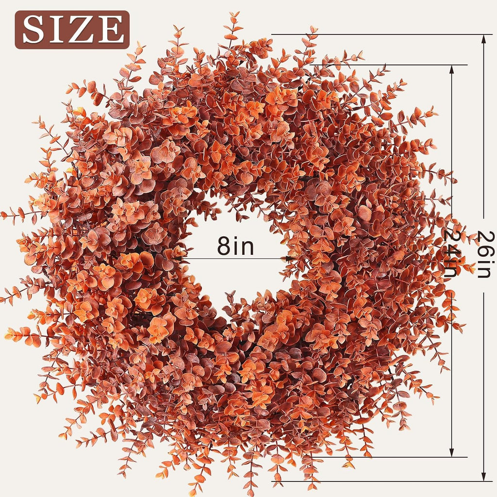 26" Artificial Fall Eucalyptus Wreath for Front Door Decoration (Orange)
