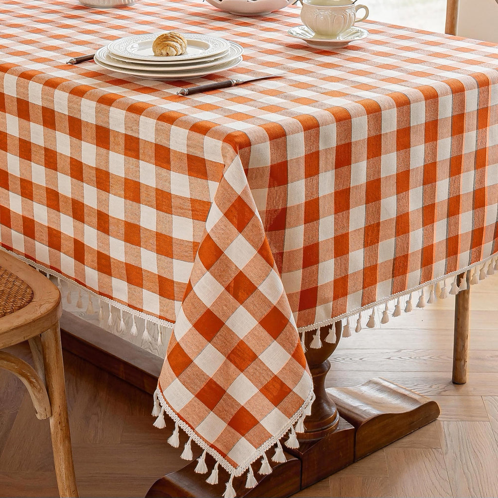 Checkered Tablecloth, Cotton Linen Gingham Fall Holiday Table Cloth for Rectangle Table with Tassel, Washable Heavy