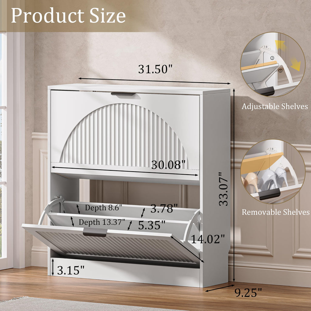 Fluted Shoe Storage Cabinet, 2 Flip Drawers, White