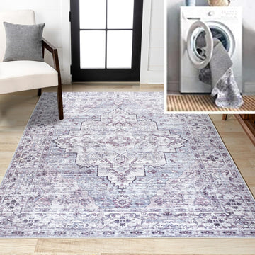 Machine Washable Gray/Purple Indoor Area Rug 5X8 ft, Didim Boho Medallion, Easy-Cleaning, High Traffic