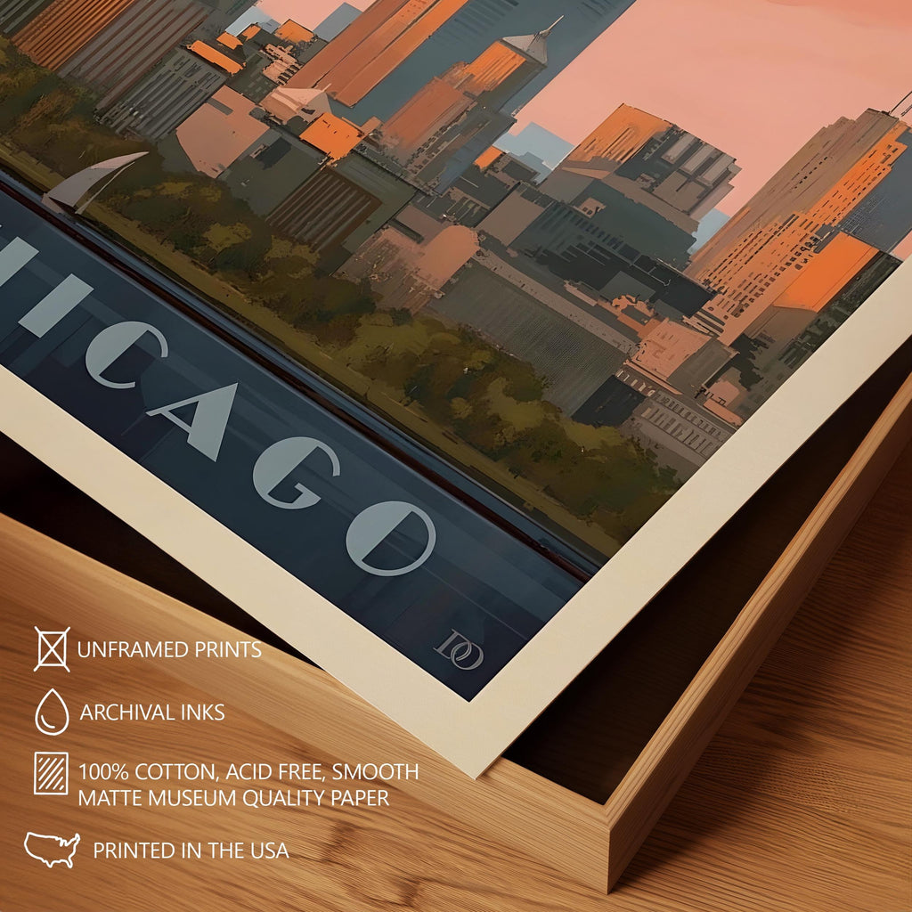 Chicago Vintage Travel Poster, Premium Giclee Fine Prints - Modern Aesthetic Wall Decoration, Eclectic Trendy Boho